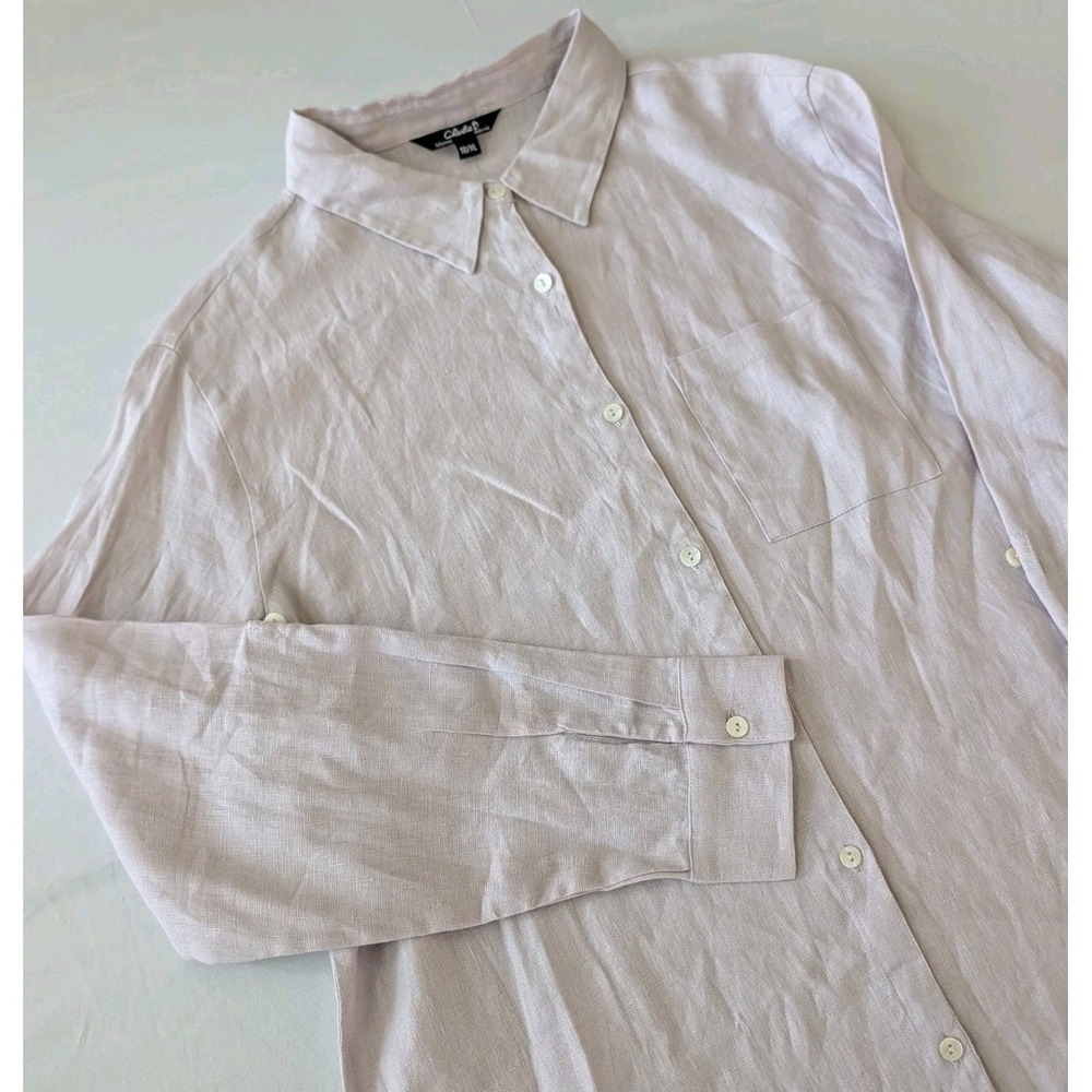 Charlie B Blouse Womens L Button Up Shirt Roll Tab Script Stripe Linen White